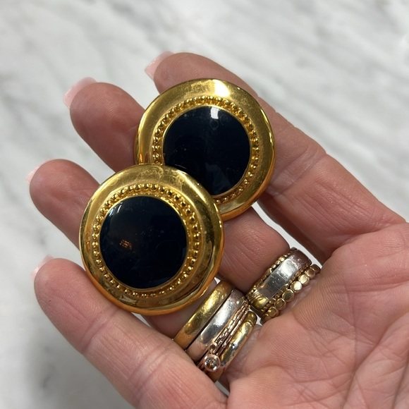 St. John Vintage Gold Tone and Navy Enamel Clip On Earring - Picture 7 of 10